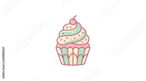 Cute Pastel Cupcake with Cherry and Sprinkles - Isolated on White