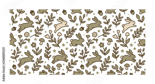 Cute Bunny Rabbit Pattern with Flowers, Acorns, and Leaves - Seamless Design