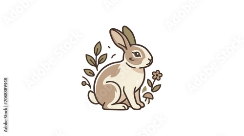 Cute Rabbit Illustration with Flowers and Leaves, Woodland Creature, Whimsical Art