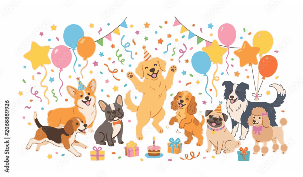 Naklejka premium Cute Dogs and Puppies Celebration Party Scene with Balloons and Confetti Vector Illustration Isolated on White Background
