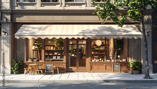 exterior view of a cozy boutique storefront with a striped awning and wooden facade