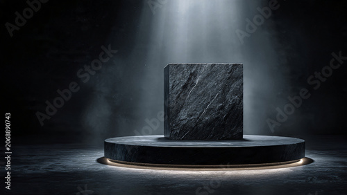 black stone podium on dark rock background ideal for luxury product display 3d.