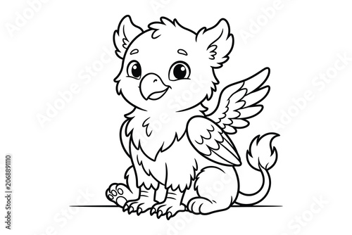 Cute little mythical griffin creature sitting vector illustration coloring page with mythical creature coloring.