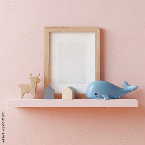 Floating wooden shelves with wooden toys and artwork. Carefully selected children's room details. Pink background.