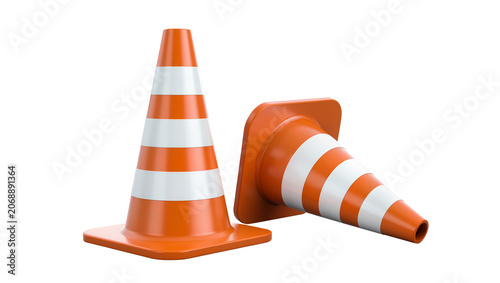 Foto Two orange and white striped traffic cones one upright one fallen, isolated on t