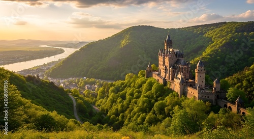 Historic stone castle perched on a green forested hill overlooking a winding river valley at sunset