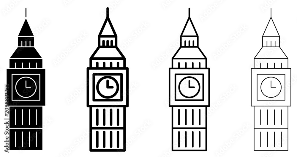 Fototapeta premium Set of Big Ben icons, symbols for London, architecture, and tourism. Vector illustration