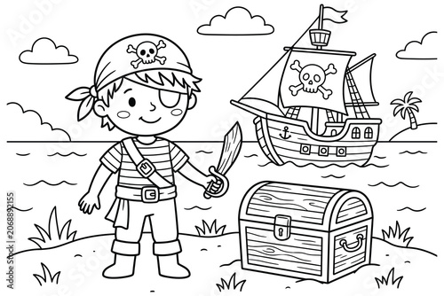 Little pirate boy standing on sandy beach with treasure chest and ship treasure eyepatch coloring illustration.