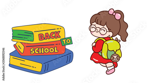 Cute cartoon girl with backpack and stack of books for back to school 1.