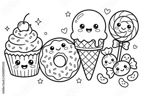 Cute kawaii sweets collection cupcake donut ice cream and candy coloring page with coloring, illustration.