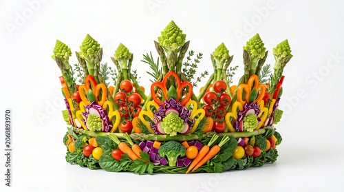 A creative crown made from fresh organic vegetables and healthy garden herbs
