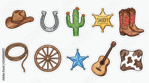 Hand-Drawn Wild West Cowboy Themed Sticker Set on White