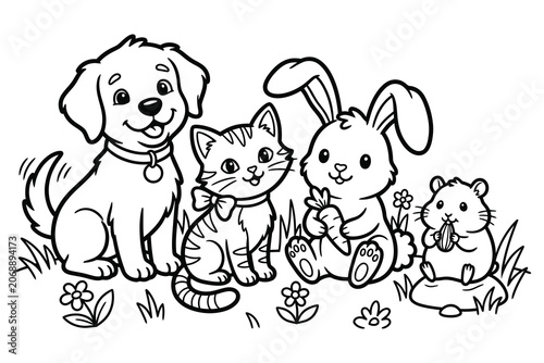 Happy domestic pets dog cat rabbit and hamster coloring page illustration with coloring domestic illustration.