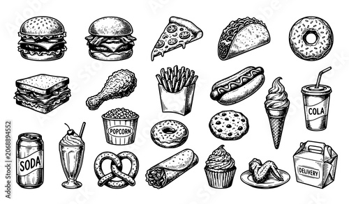Hand Drawn Fast Food Collection Burger Pizza Donut Fries Vector Set