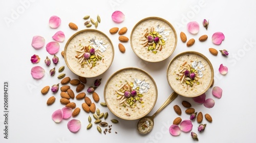 Four bowls of creamy Indian rice pudding kheer garnished with nuts and rose petals, served with a spoon and scattered almonds