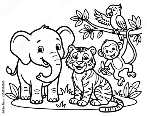 Jungle animals elephant tiger monkey and parrot coloring page illustration with elephant coloring activity.