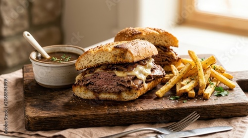 Hearty Steak Sandwich with Melted Cheese and Crispy French Fries Served on a Wooden Board with Dipping Sauce