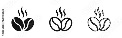 Quadro su tela Set of three styles of steaming coffee beans icon
