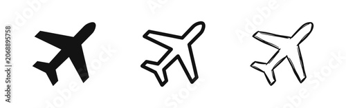 Fotografie Set of airplane travel and flight icons in solid, outline, and sketch styles
