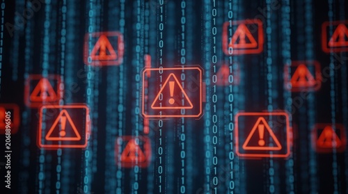 Digital warning symbols with exclamation marks overlay binary code, indicating cybersecurity alerts or data breach risks in a tech environment.