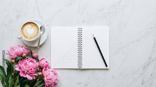 Blank Lined Notebook Open With Pencil And Coffee Alongside Pink Peonies On Marble Surface