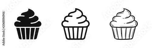 Photos Set of cupcake icons in solid, outline and sketch styles