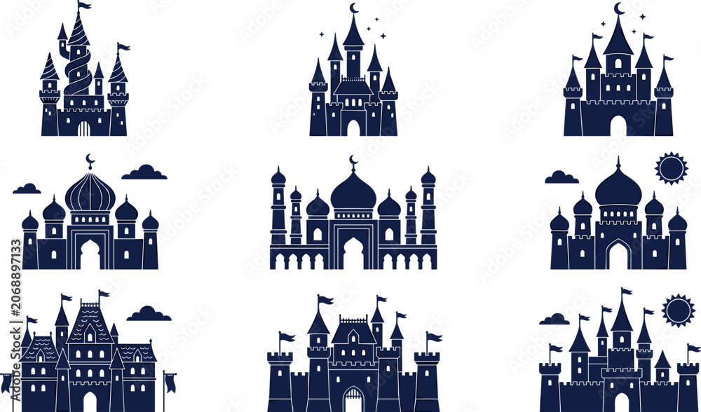 Naklejka premium Medieval Castles and Oriental Palaces Silhouette Vector Set Featuring Fairytale Fortresses Royal Citadels Arabian Mosques Domes and Towers Graphic Illustrations