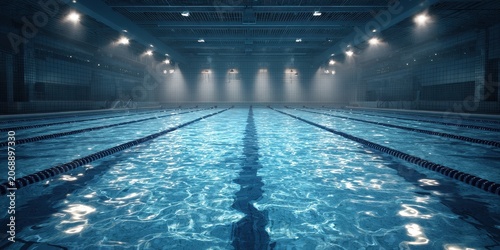 Empty Illuminated Synchronized Swimming Arena with Soft Blue Water