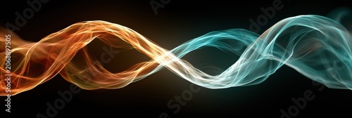 Two abstract forms exchange continuous circular flows of warm amber and cool teal in a feedback loop on a dark background with some space left.