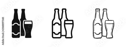 Tableau sur toile Beer bottles and glass icon set, solid, outline and hand drawn sketch style