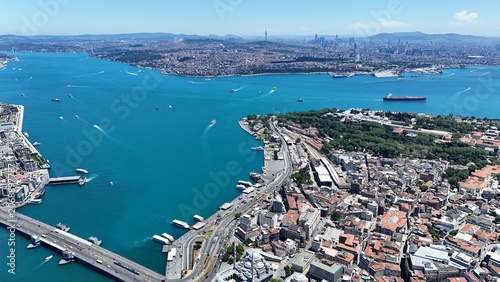 Tableau sur toile Aerial view of the turquoise Bosphorus and bridges, featuring a unique Istanbul cityscape on a summer day (D-Log unprocessed footage)