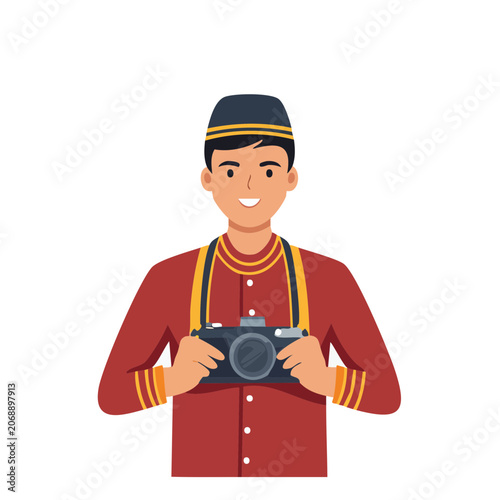 Man in uniform holding vintage camera illustration