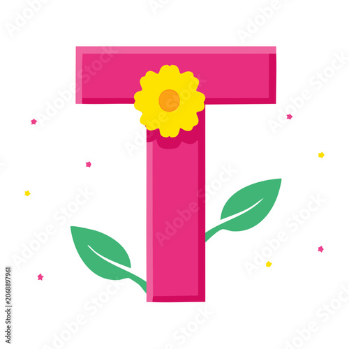 Pink Letter T with Yellow Flower and Green Leaves