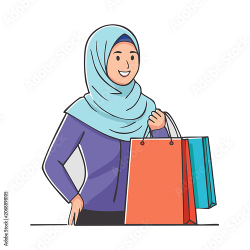 Woman in hijab holding shopping bags, flat vector illustration