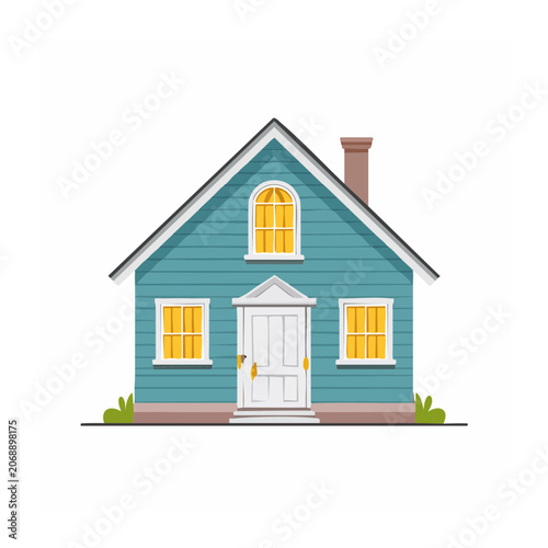 Blue wooden house with white door and windows