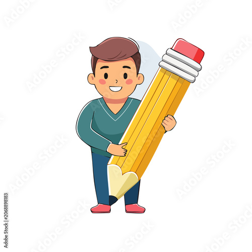 Cartoon boy holding giant pencil illustration