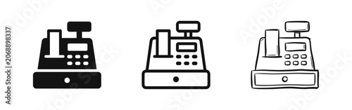 Foto Three cash register icons presented in solid, line art, and hand-drawn sketch styles