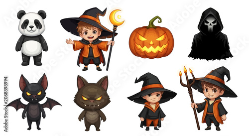 Foto Halloween icons, cartoon witch, pumpkin, ghost, bat, vector characters, Hallowee