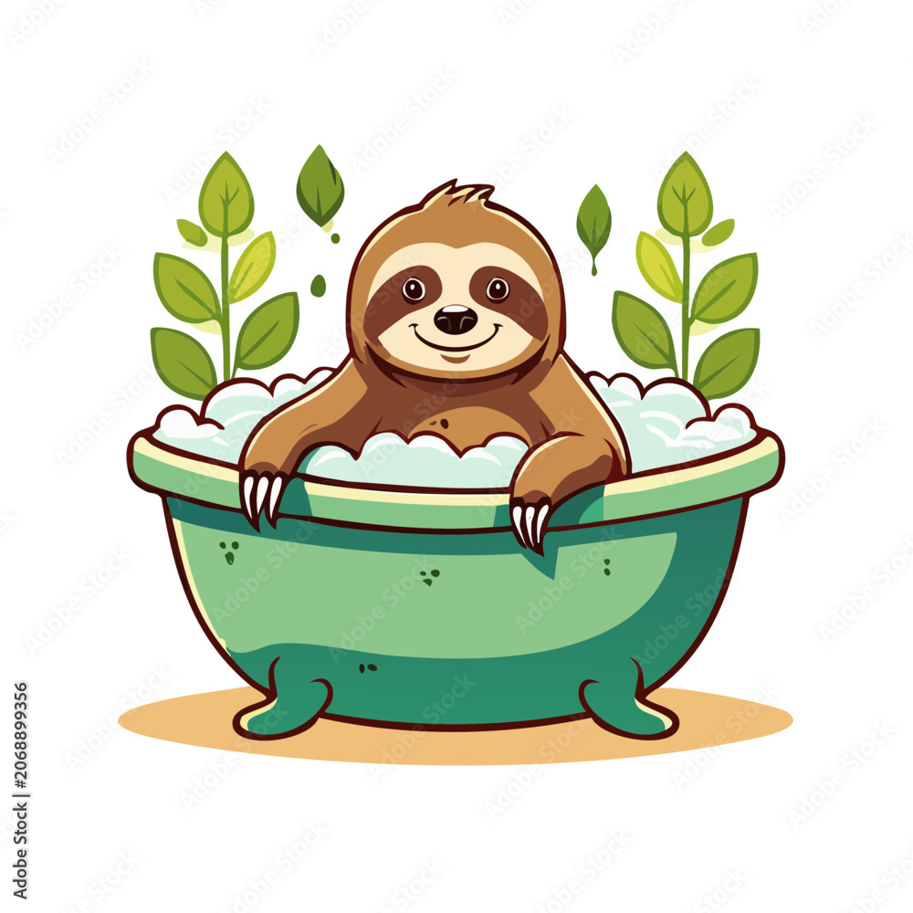 Obraz premium Cartoon Sloth Taking a Bath with Bubbles and Leaves