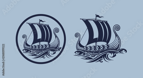 Foto Viking ship, nautical icons, sailing vessel, dark blue graphics, vector illustra