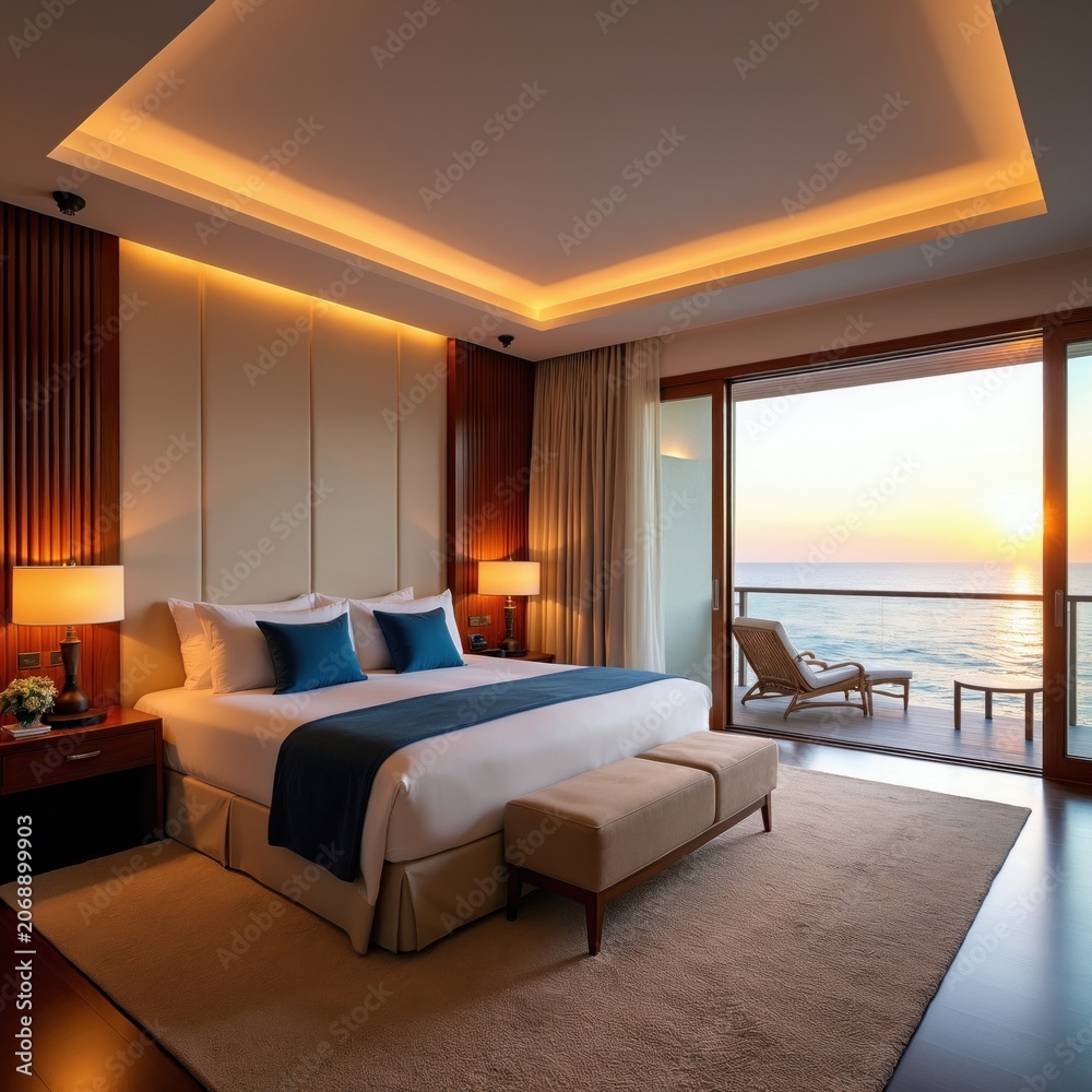Fototapeta premium Luxurious hotel suite features king size bed, ocean view balcony, sunset light. Modern interior design offers ultimate relaxation, perfect for high-end travel experience. Enjoy coastal resort living.