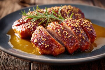 Glazed Meat Slices Sesame Seeds Rosemary Amber Sauce Dark Plate Gourmet Food Photography