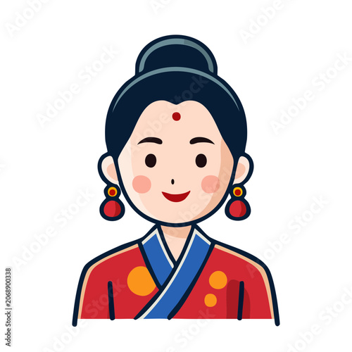 Woman in Traditional Red and Blue Dress Illustration