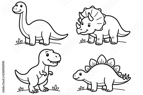 Set of four cute dinosaurs collection for kids coloring book line art illustration with dinosaur, collection.
