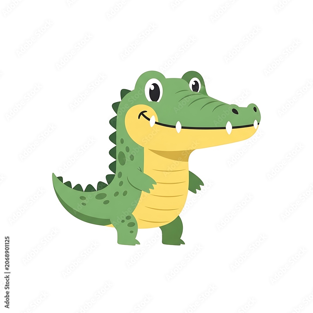 Fototapeta premium Cartoon green dinosaur character with yellow belly smiling.