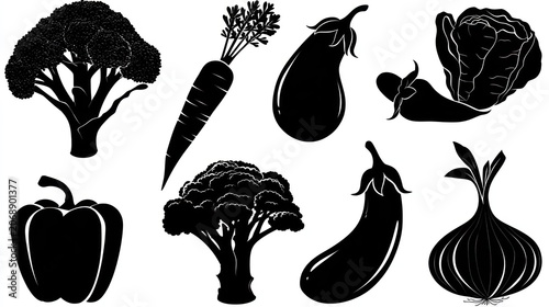 Collection of various garden produce rendered as contrasting black silhouettes against a white background