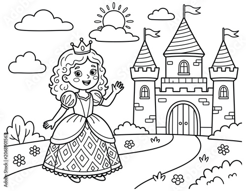 Coloring page featuring a little princess standing in front of a magical castle under the sun princess coloring.