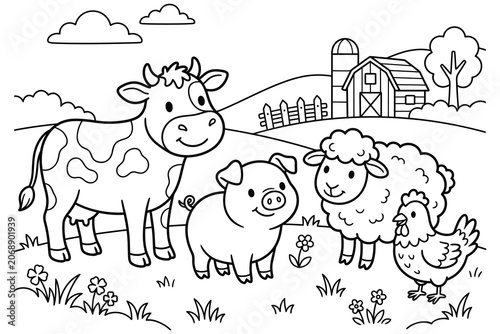 Farm animals coloring page featuring a cow pig sheep and chicken in a country landscape coloring illustration.