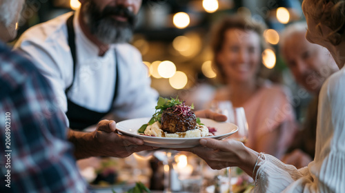 Waiter serving a gourmet dish to restaurant guests, providing professional hospitality, customer service, fine dining experience, food presentation, and enjoyable social dining