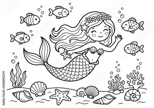 Cute mermaid swimming underwater with fish and sea life coloring page for children underwater coloring creature.